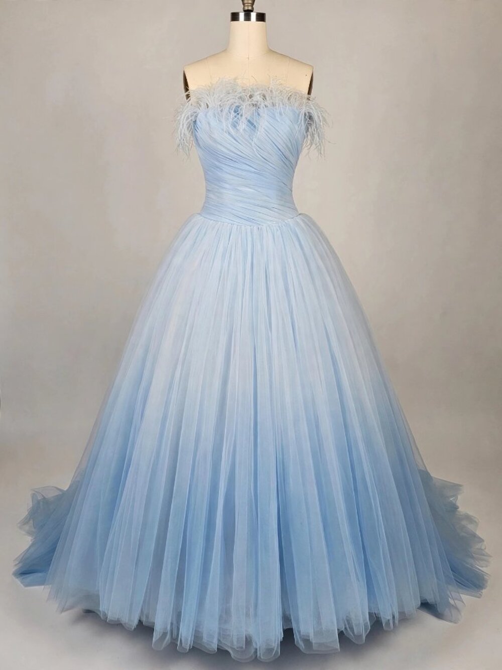 Mac Duggal 20557 Blue Ombre Feather Neckline Tulle Ball Gown 10 NWT